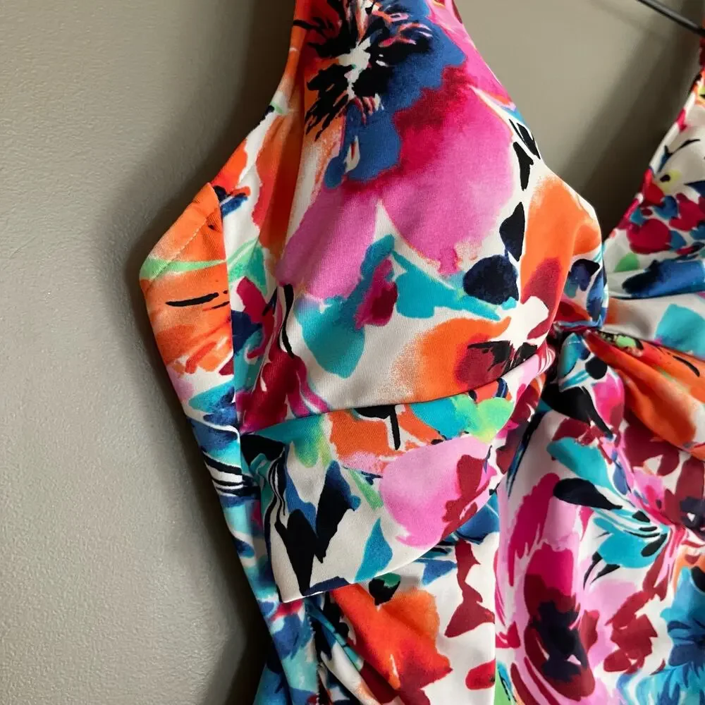 Swim Solutions Twist Bodice Allover‎ Slimming One-Piece Swimsuit Size 12 Floral - Picture 8 of 16